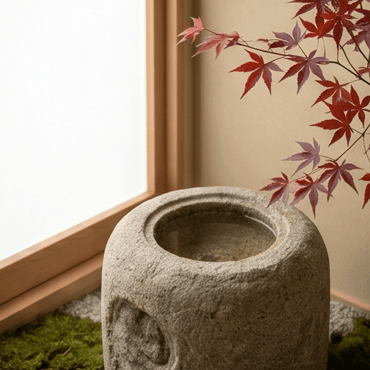 Traditional Japanese stone water basin (Tsukubai) surrounded by moss and autumn maple leaves.
