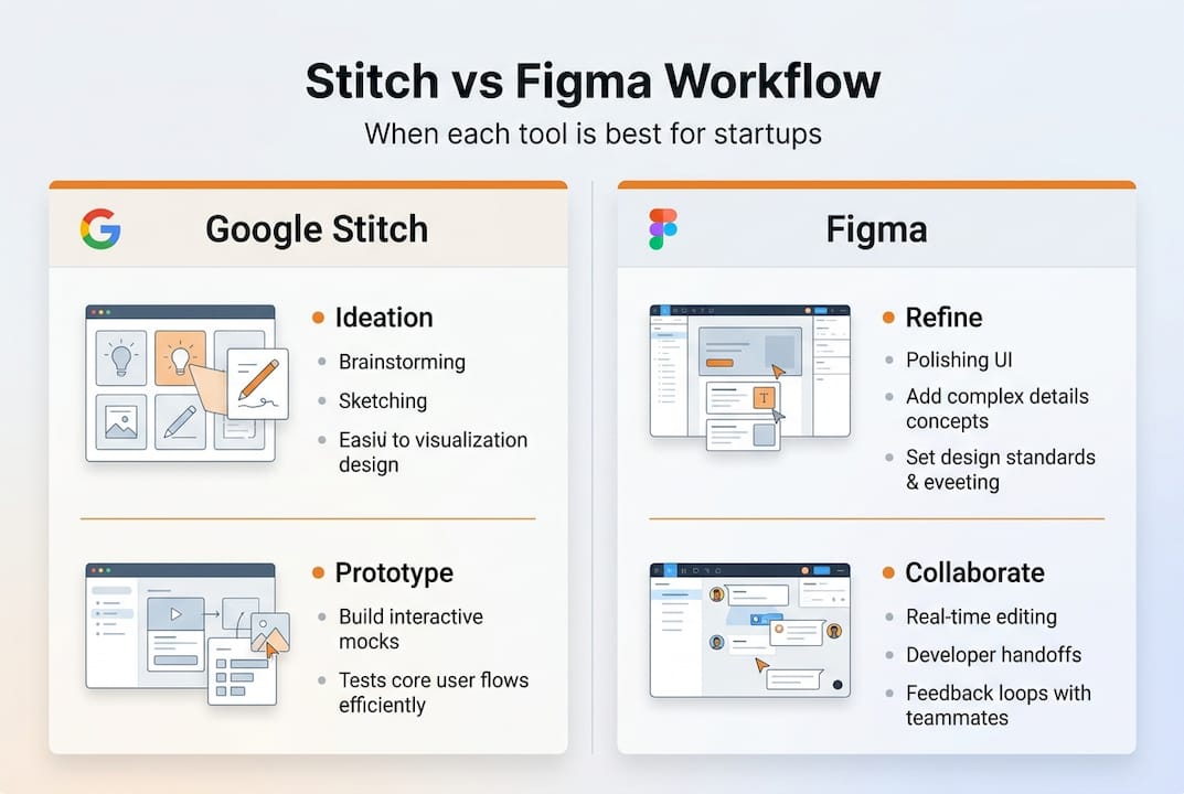 Infographic contrasting Stitch and Figma workflow
