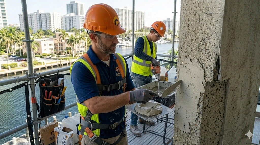 Concrete restoration crew working Fort Lauderdale structural repair Planet Construction Step 3