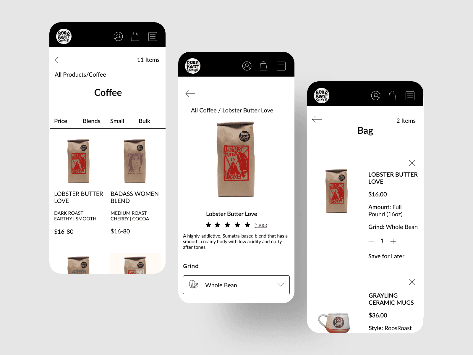 A mockup of three screens from the RoosRoast Coffee Website Redesign