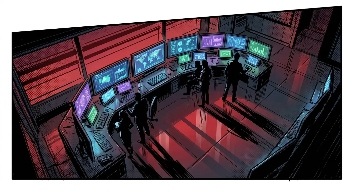 "RockN' Socials team analyzing data in digital marketing agency control room."