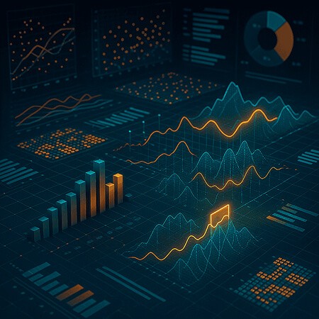 3D data visualization with teal and orange elements showing various analytics including bar charts, wave graphs, scatter plots, and pie charts on a dark background.