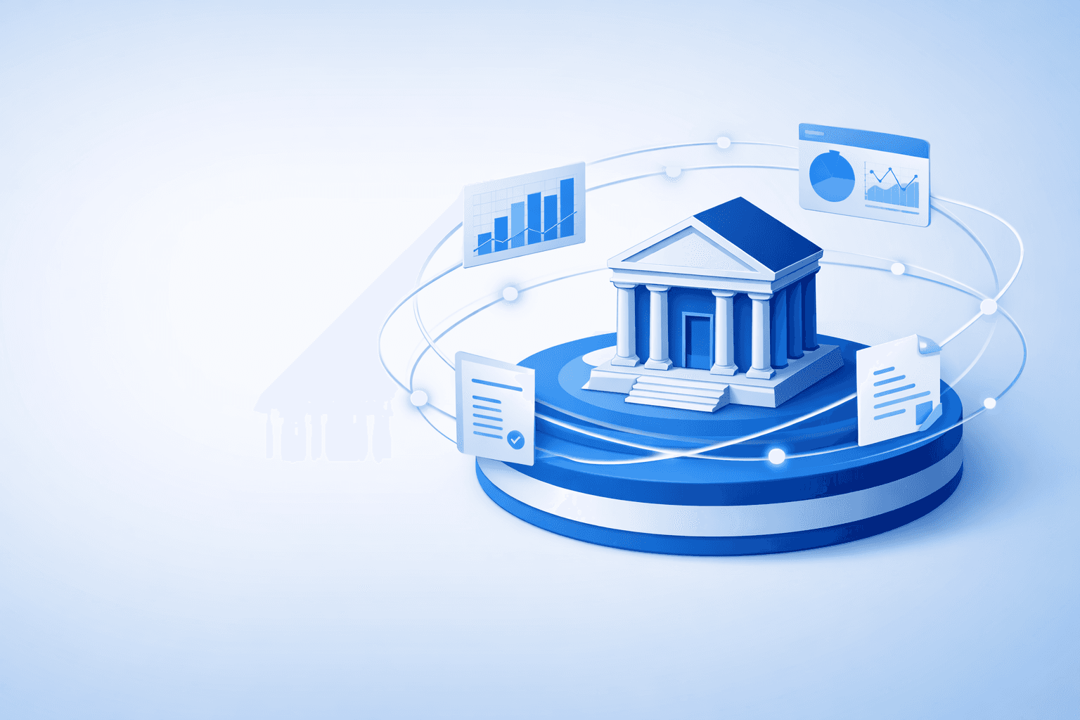 Ilustrasi ekosistem perbankan digital & analitik terintegrasi. Di tengah, gedung bank bergaya klasik berdiri di atas platform melingkar biru, dikelilingi alur data bercahaya yang menghubungkan berbagai panel dashboard (grafik batang meningkat, pie chart, dan laporan dokumen). Elemen‑elemen tersebut melambangkan konsolidasi data, monitoring kinerja, kepatuhan, dan pengambilan keputusan berbasis analitik dalam sistem perbankan modern. Latar biru muda minimalis menekankan kesan teknologi, stabilitas, dan kepercayaan.