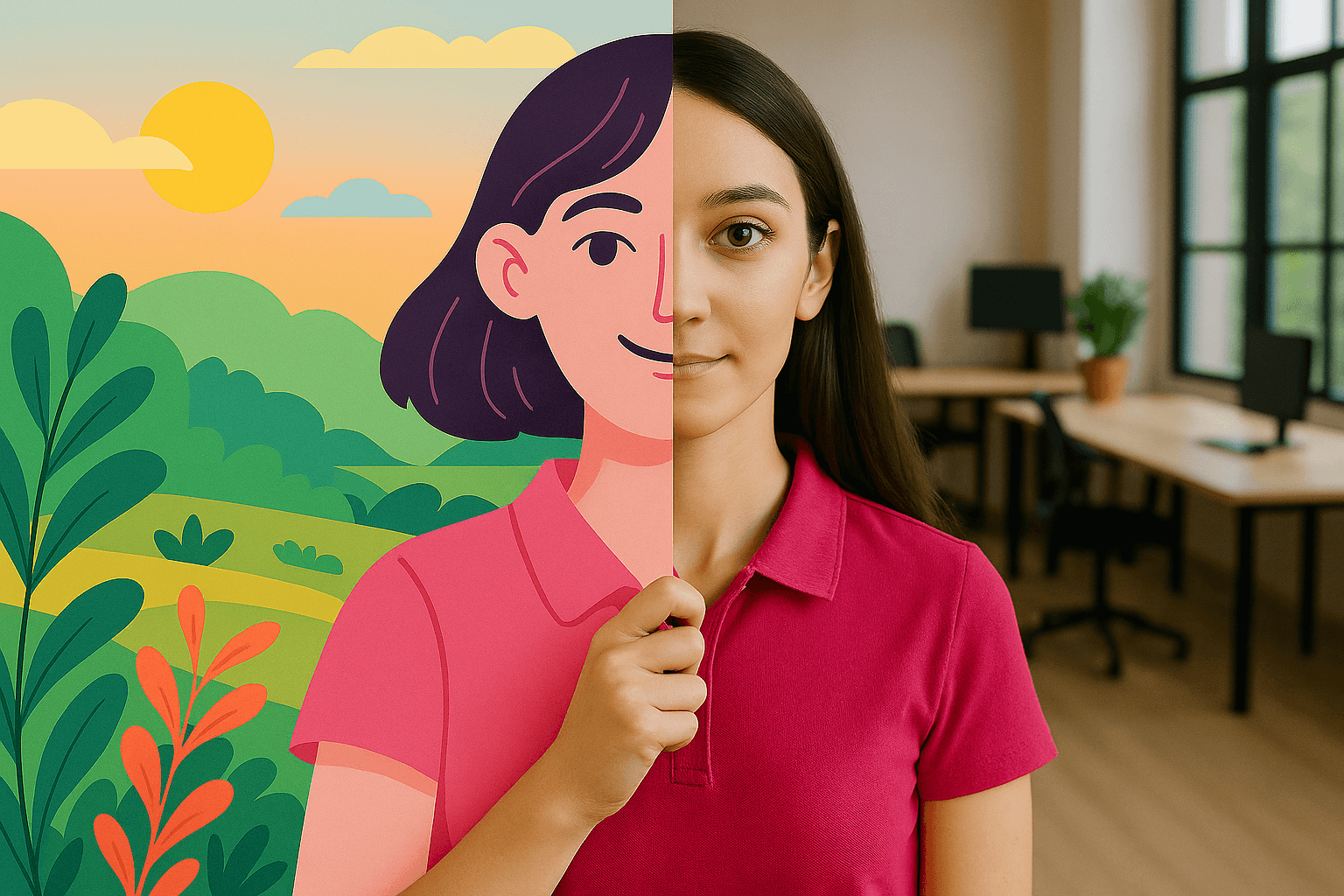 Image of a woman, half face in a photo with an office background and half illustrated with a nature background