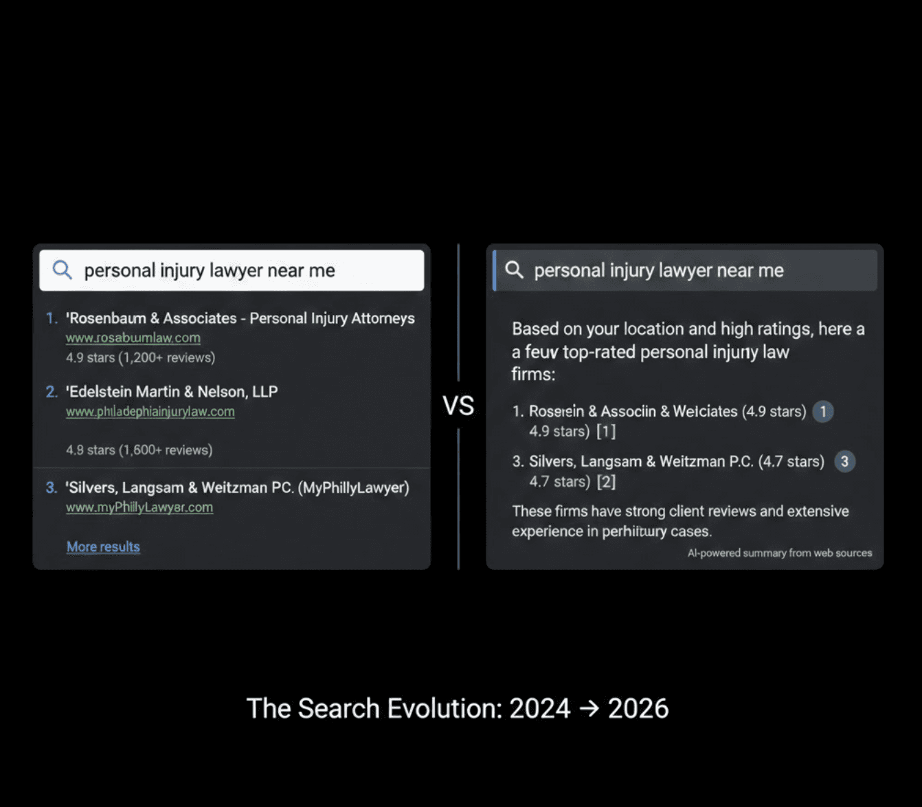 Vertical ranking visualization showing positions 10 to 1 on black background, with position 1 highlighted in blue alongside a courthouse icon, illustrating a law firm's climb to the top of search results.