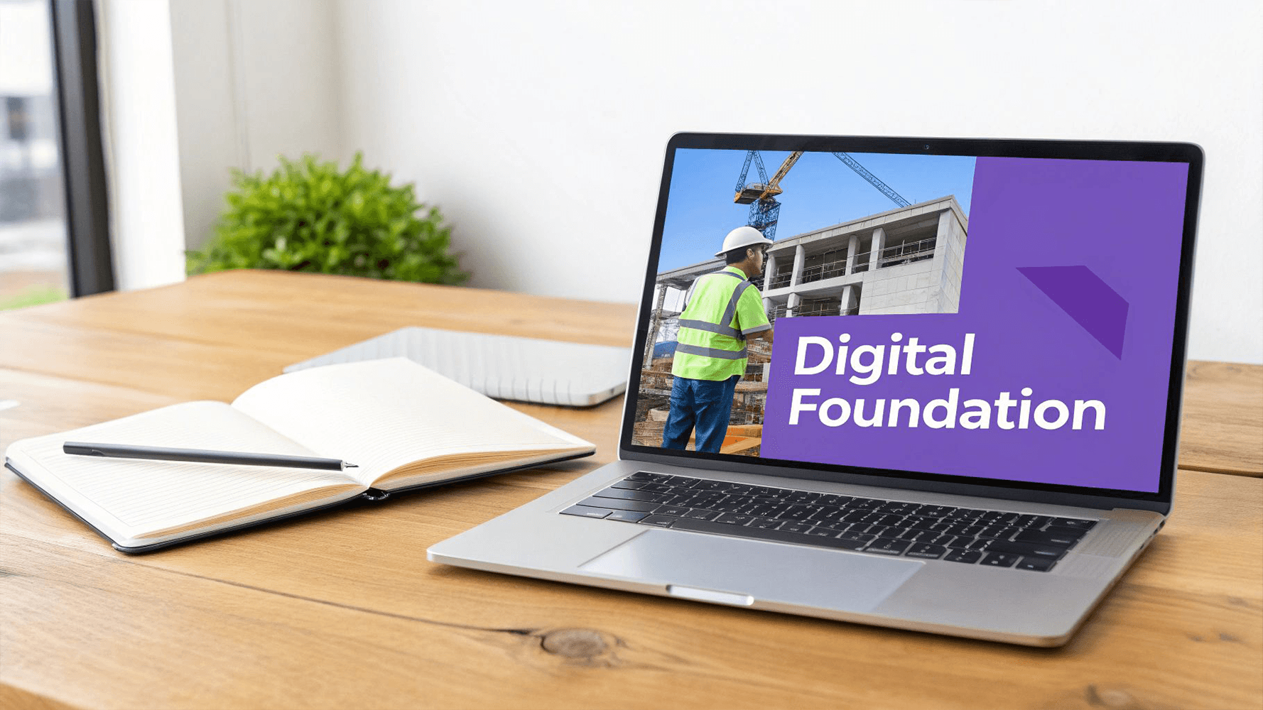 a laptop on a wooden desk with a purple screen and text 'digital foundation'