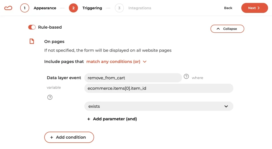 A screenshot of the Claspo rule-based settings for on-page triggering