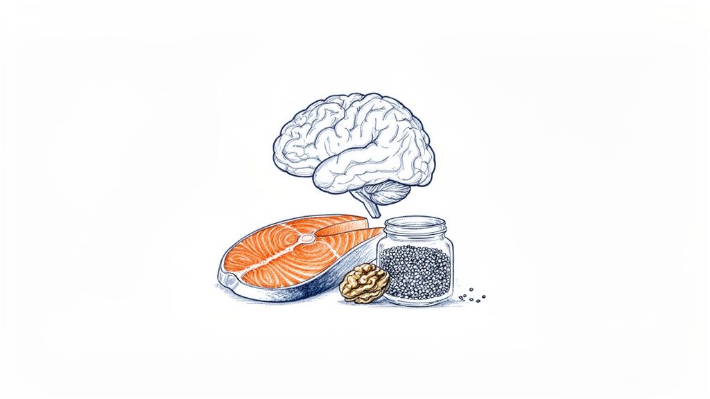 Illustration of a human brain, salmon steak, walnut, and seeds, representing foods for brain health.