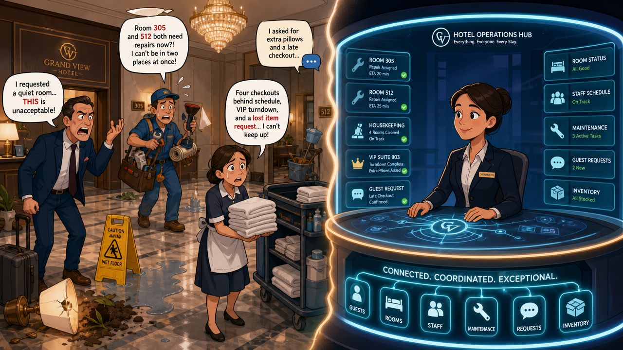 A digital illustration comparing chaotic hotel staff with an efficient AI-driven hotel operations management interface.