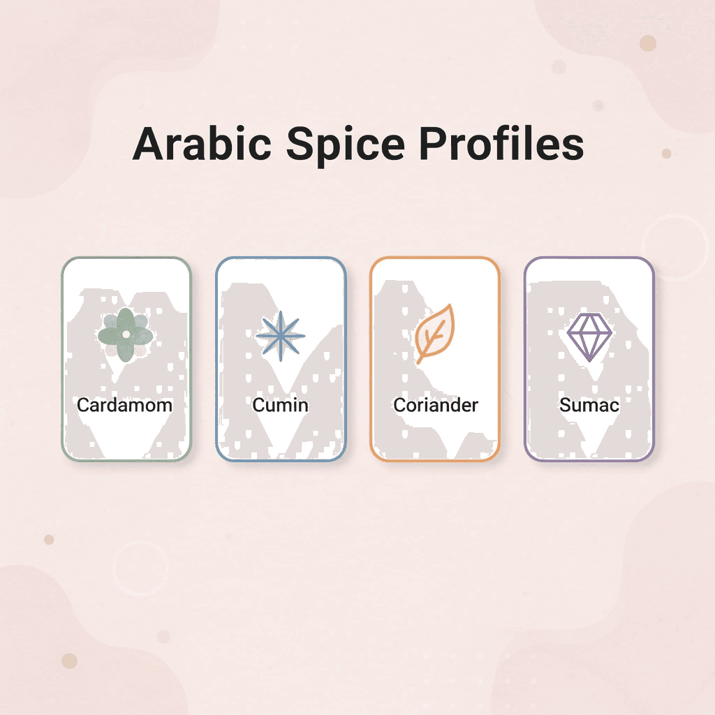Infographic showing four Arabic spice profiles with icons