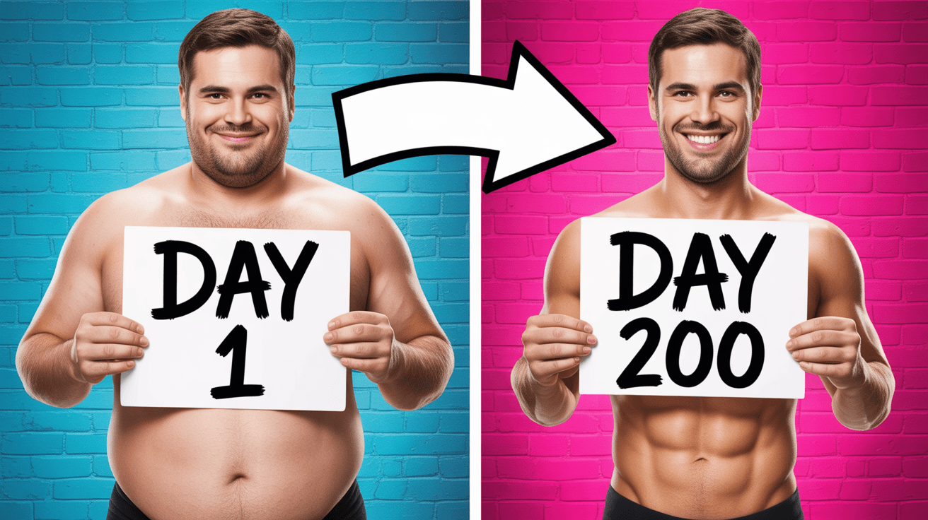 Before-and-after body transformation with day cards for fitness challenge thumbnail