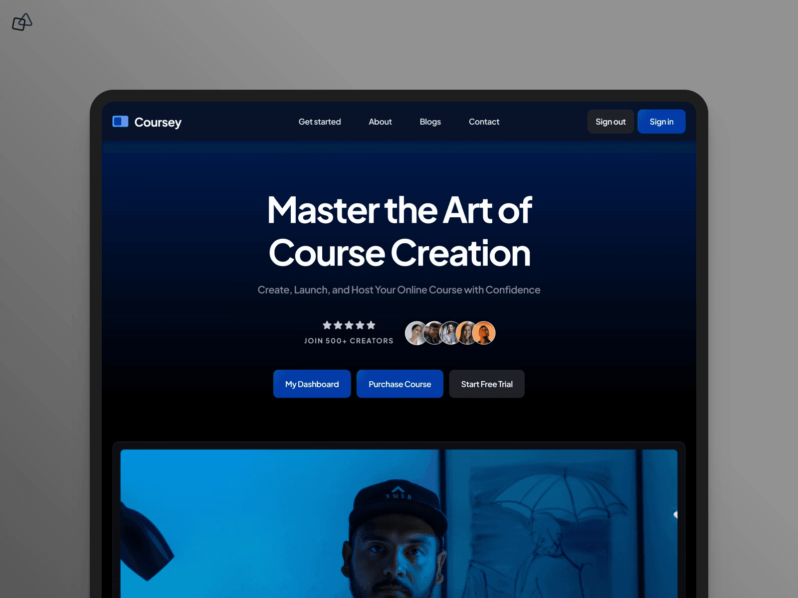 Coursey course creation website design featuring dark blue UI and bold typography.