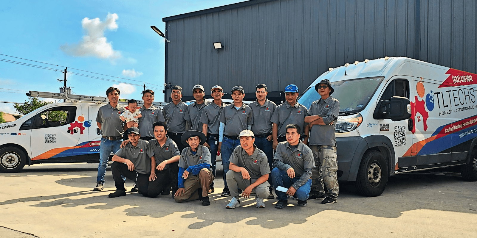 TL Techs HVAC team posing together in uniforms, showcasing their commitment to reliable, fast, and human-centered service in Houston