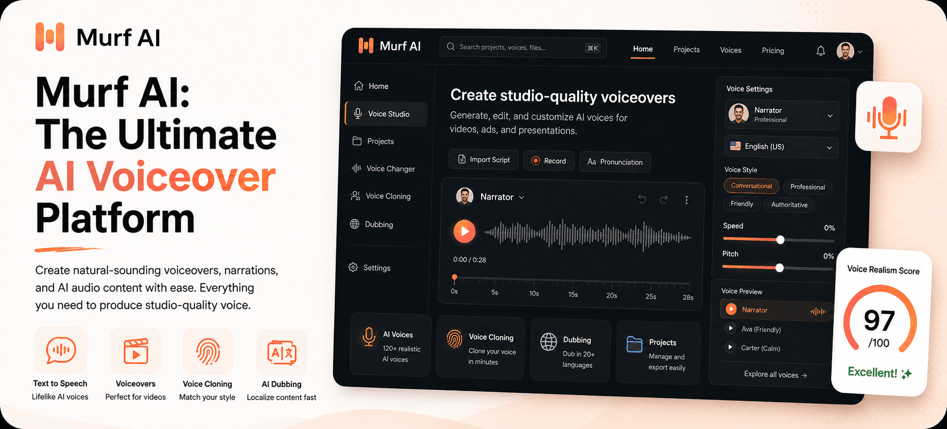 Murf AI voice generator interface featuring realistic voiceovers, voice customization, dubbing, translation and audio editing tools