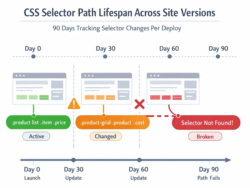 Diagram: CSS selector path breaking across three site versions over 90 days, showing selector lifespan per deploy