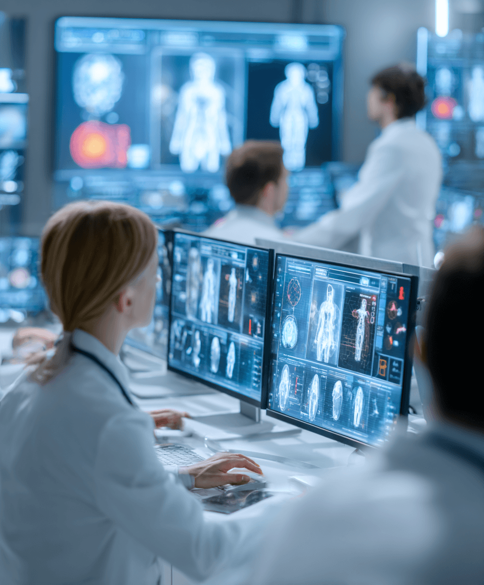 A team of medical professionals in a lab, focused on multiple computer screens displaying digital anatomy images and scans, conveying concentration.