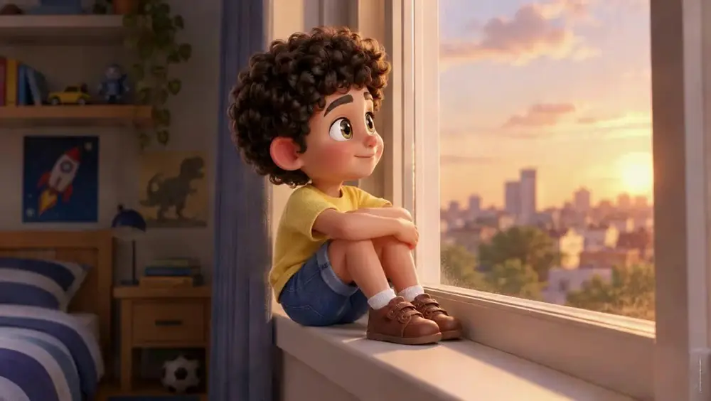Scene 3: the boy sitting on a bedroom window sill looking out at a sunrise over the city