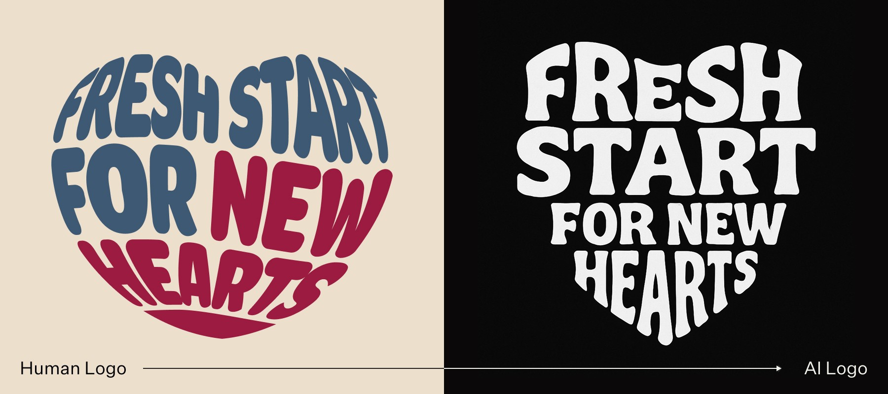 Side-by-side comparison of a hand-drawn “Fresh Start for New Hearts” logo versus a simplified AI-generated version on a black background.