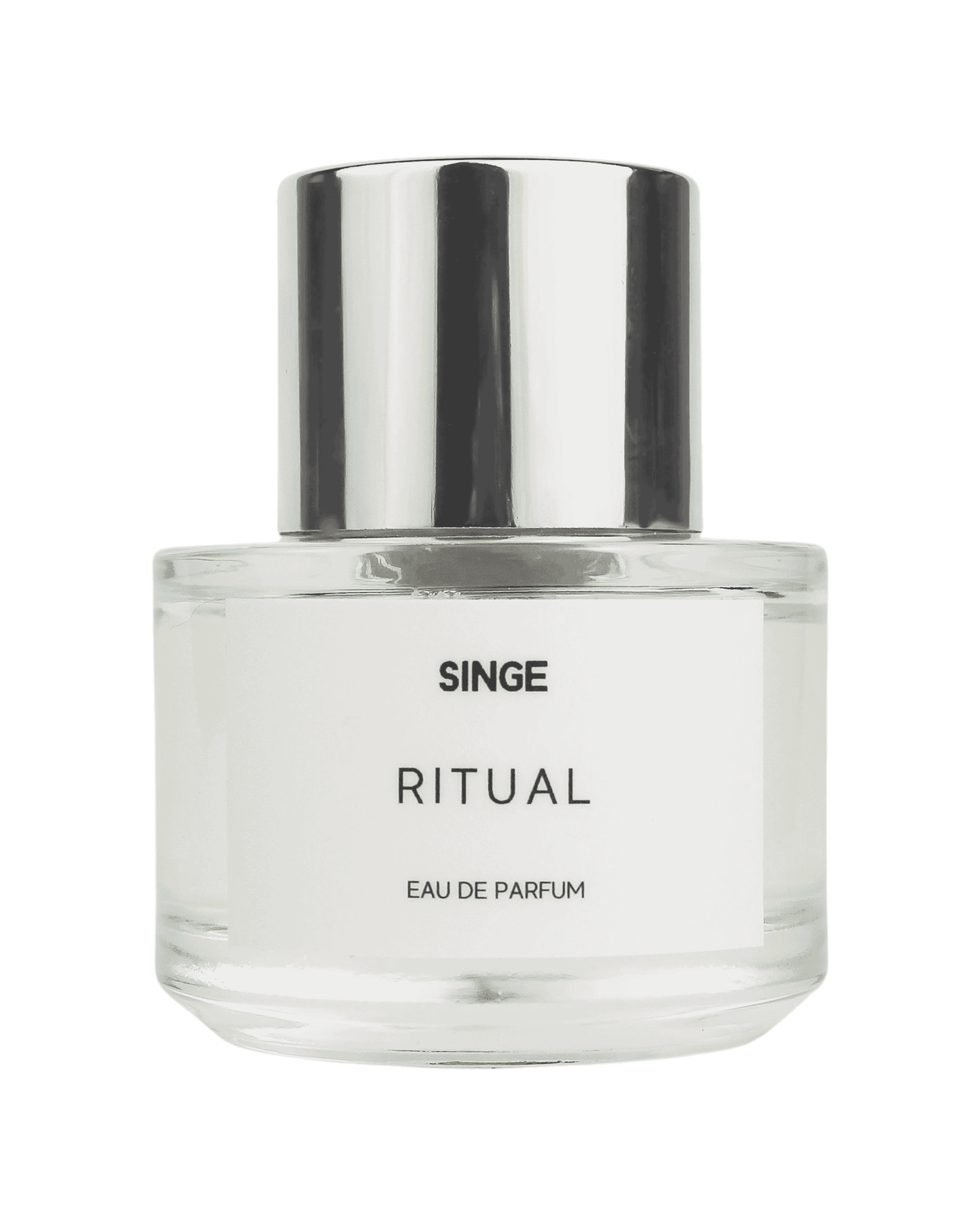 SINGE Ritual Eau de Parfum in a clear glass bottle with a reflective silver cap.