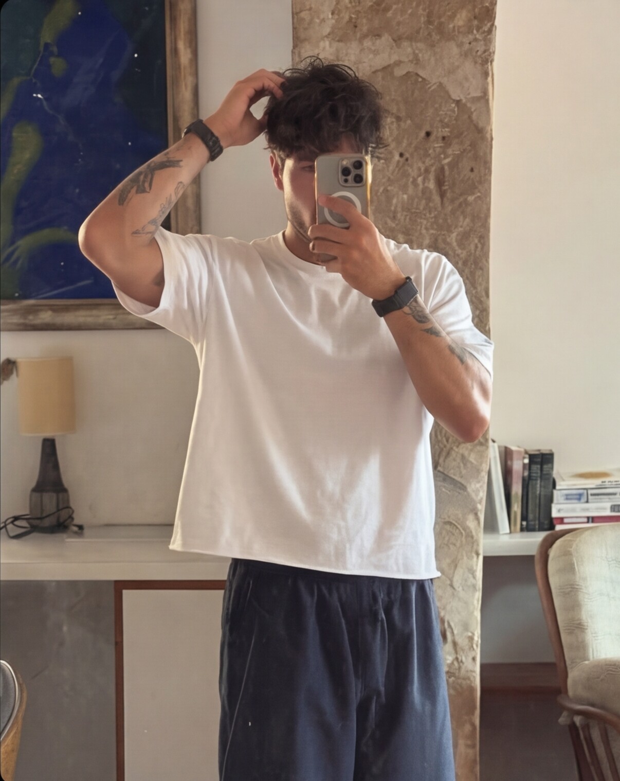 White Boxy Tee with Navy Lounge Trousers