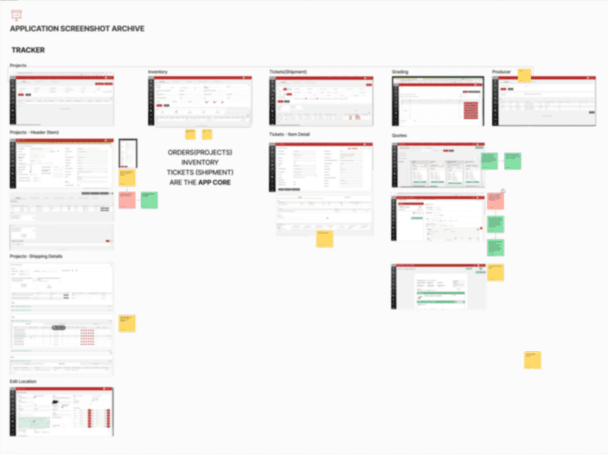 An archive of the legacy application screens: projects, inventory, tickets, grading, producers and quotes