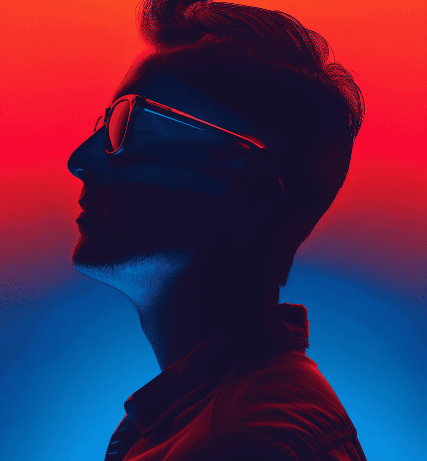 A man wearing sunglasses stands against a vibrant red and blue background.