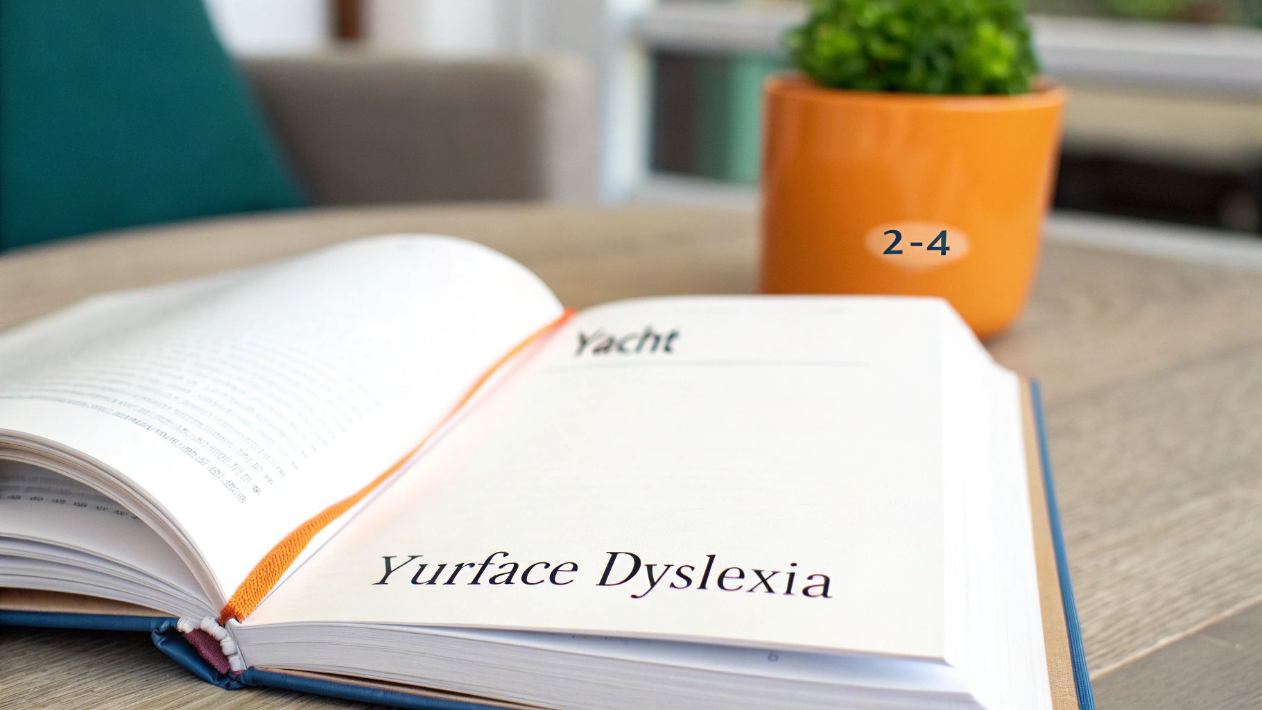 Close-up of an open book displaying 'Yacht' and 'Yurface Dyslexia' with a potted plant.