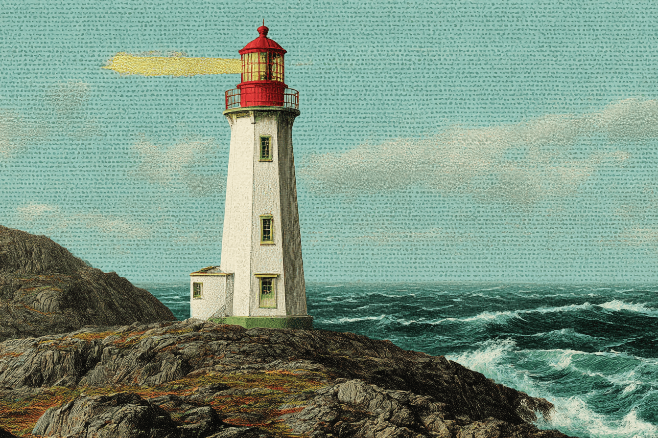 Vintage naturalist illustration of a solitary lighthouse on a rocky coastal point, single beam of light cutting through thick fog, dark churning ocean surrounding it, pale blue-grey background