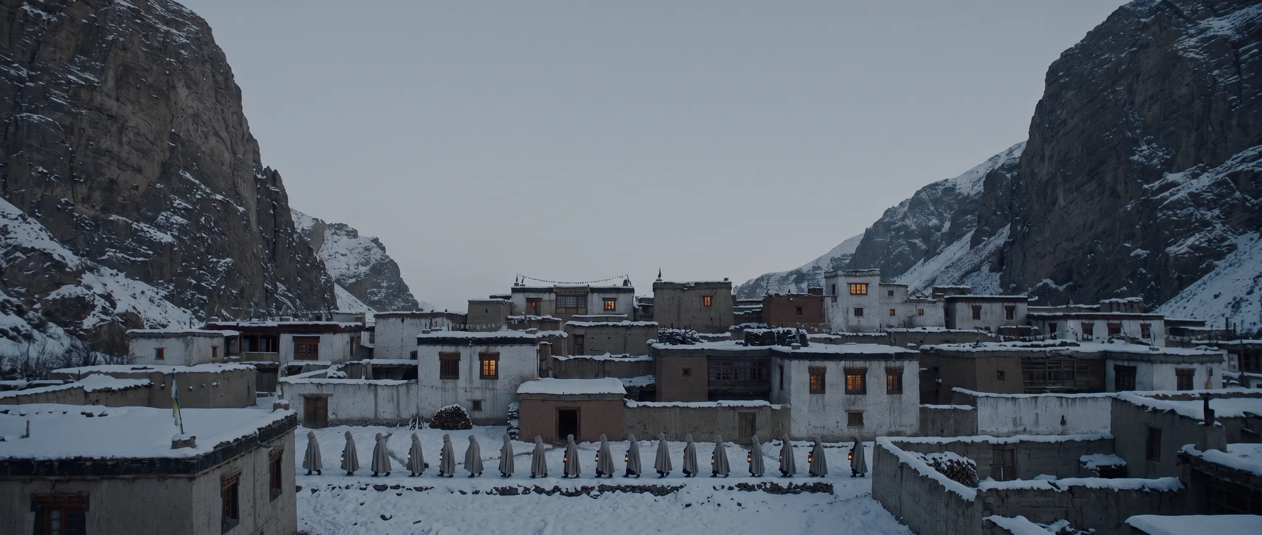 Concept art: a snowbound village of flat-roofed mud houses on a valley floor at dusk, warm windows lit, sheer rock walls closing both sides.