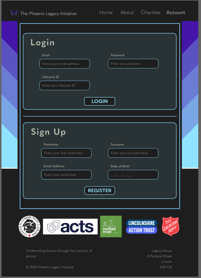 the login/sign up page of the website