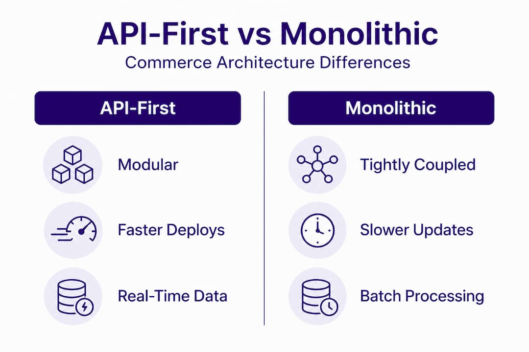 Infographic comparing API-first and monolithic ecommerce