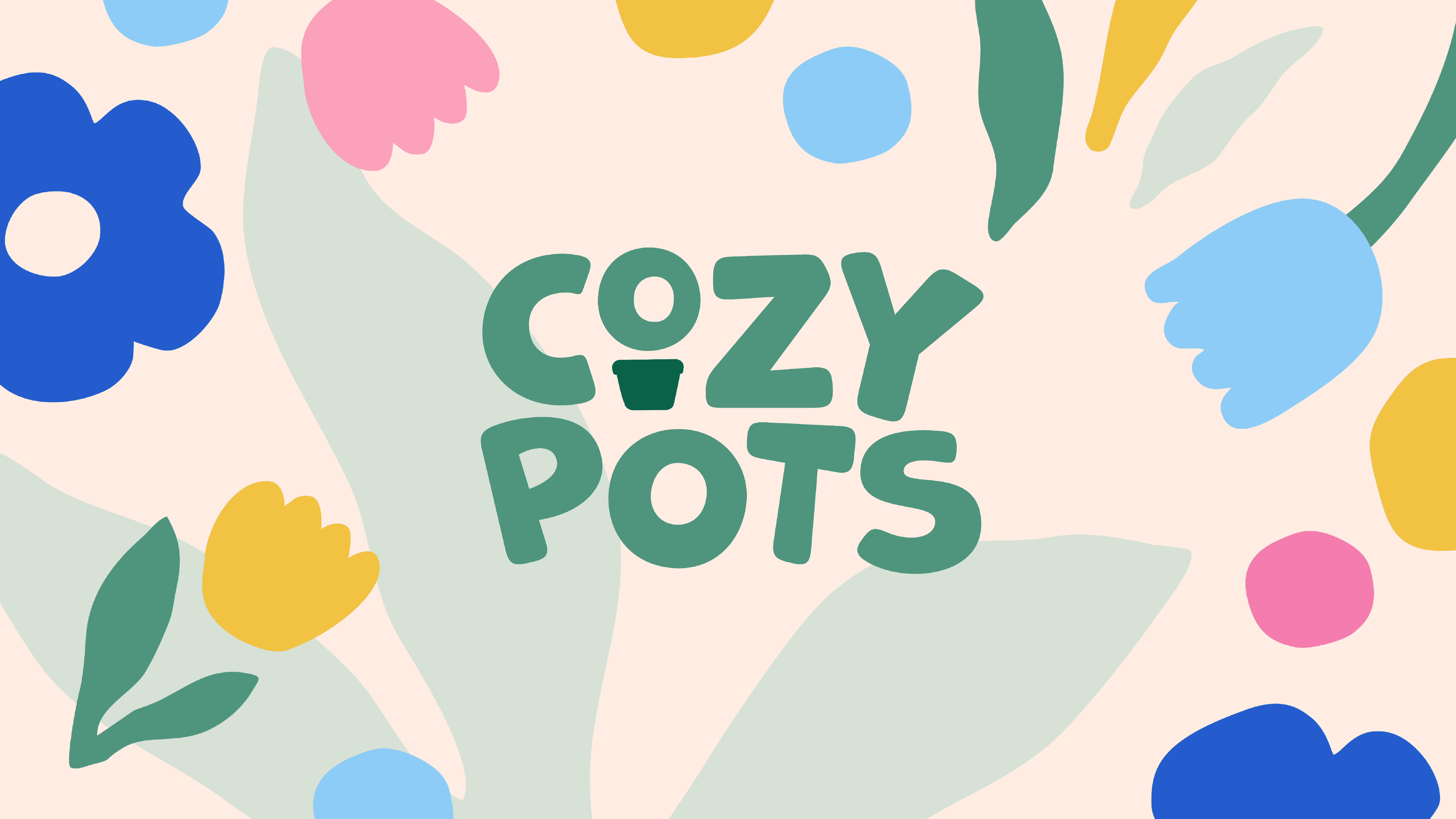 Bold logo for Cosy Pots with vibrant typography and flower illustrations.