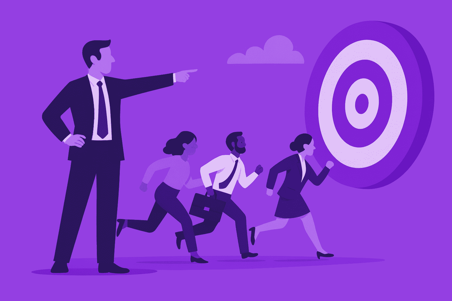 Flat-style digital illustration showing a leader pointing toward a large target while employees run toward it, symbolizing motivation, teamwork, and goal achievement.
