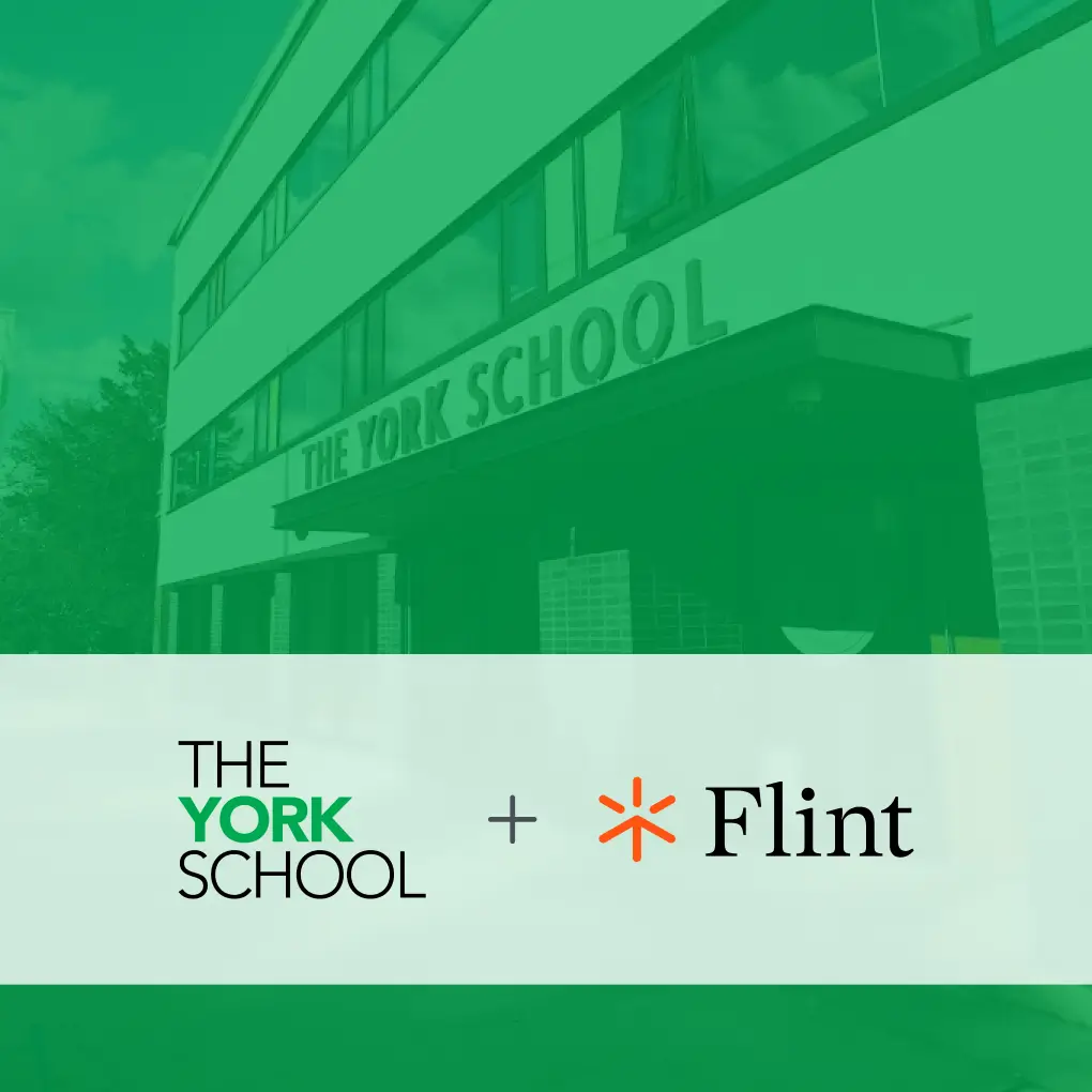 The York School logo plus Flint logo on York School building with green overlay
