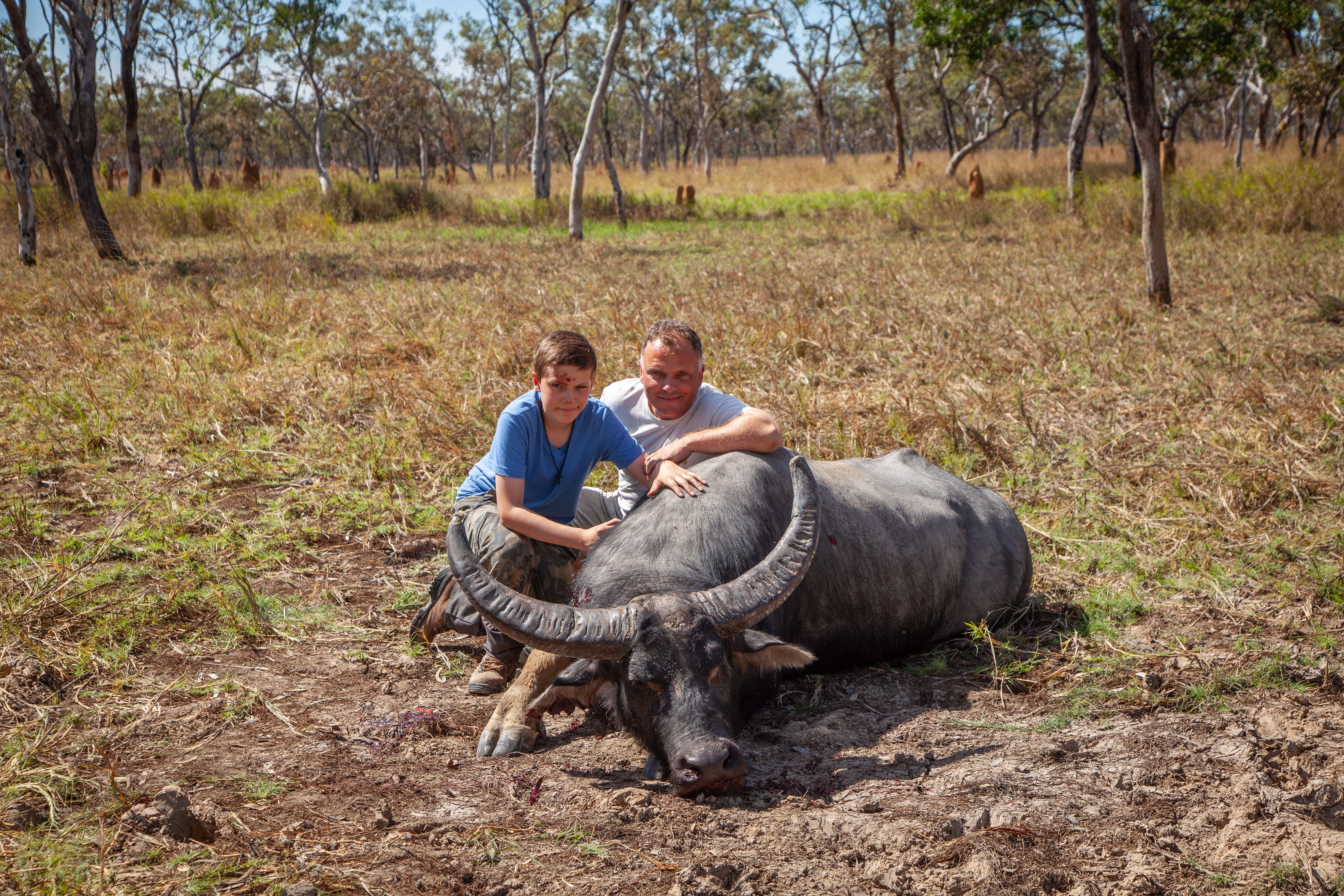 Robin and Michael with buffalo in Australia