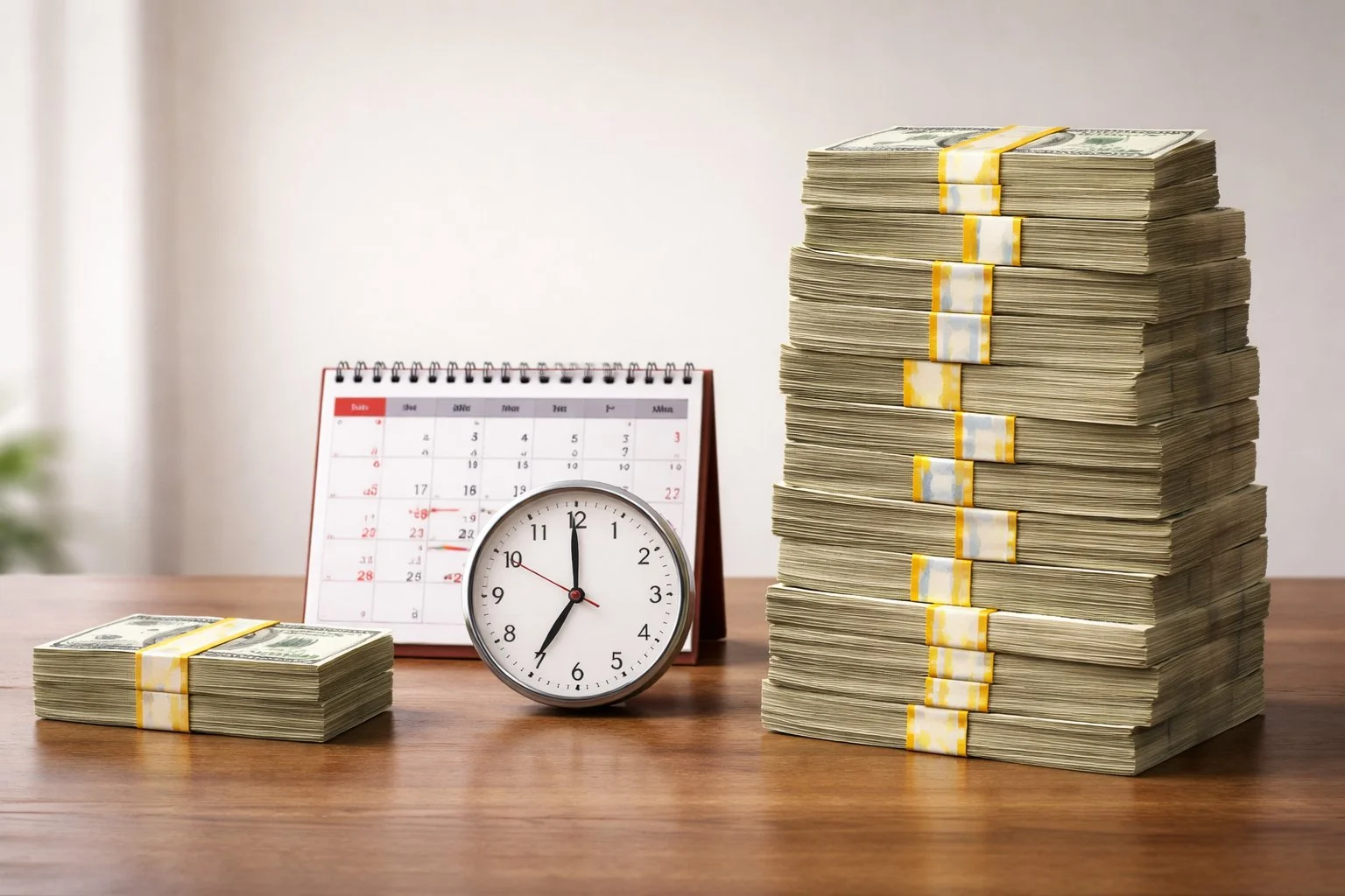 Visual comparison of a small stack of money growing into a larger stack over time, with a calendar and clock illustrating financial growth.