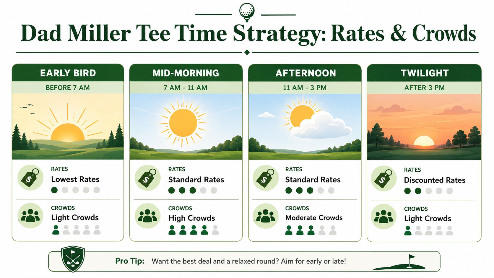 A strategy guide showing Dad Miller golf course tee time rates and crowd levels throughout the day.