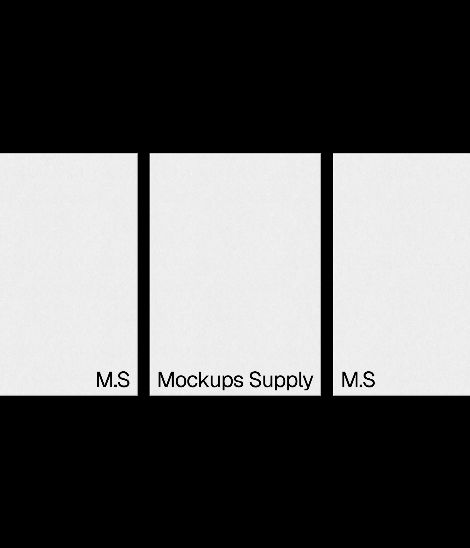 3 A5 paper mockup portrait in a row for Photoshop with debossed text effect, white papers on black background, clean minimal stationery and print branding mockup