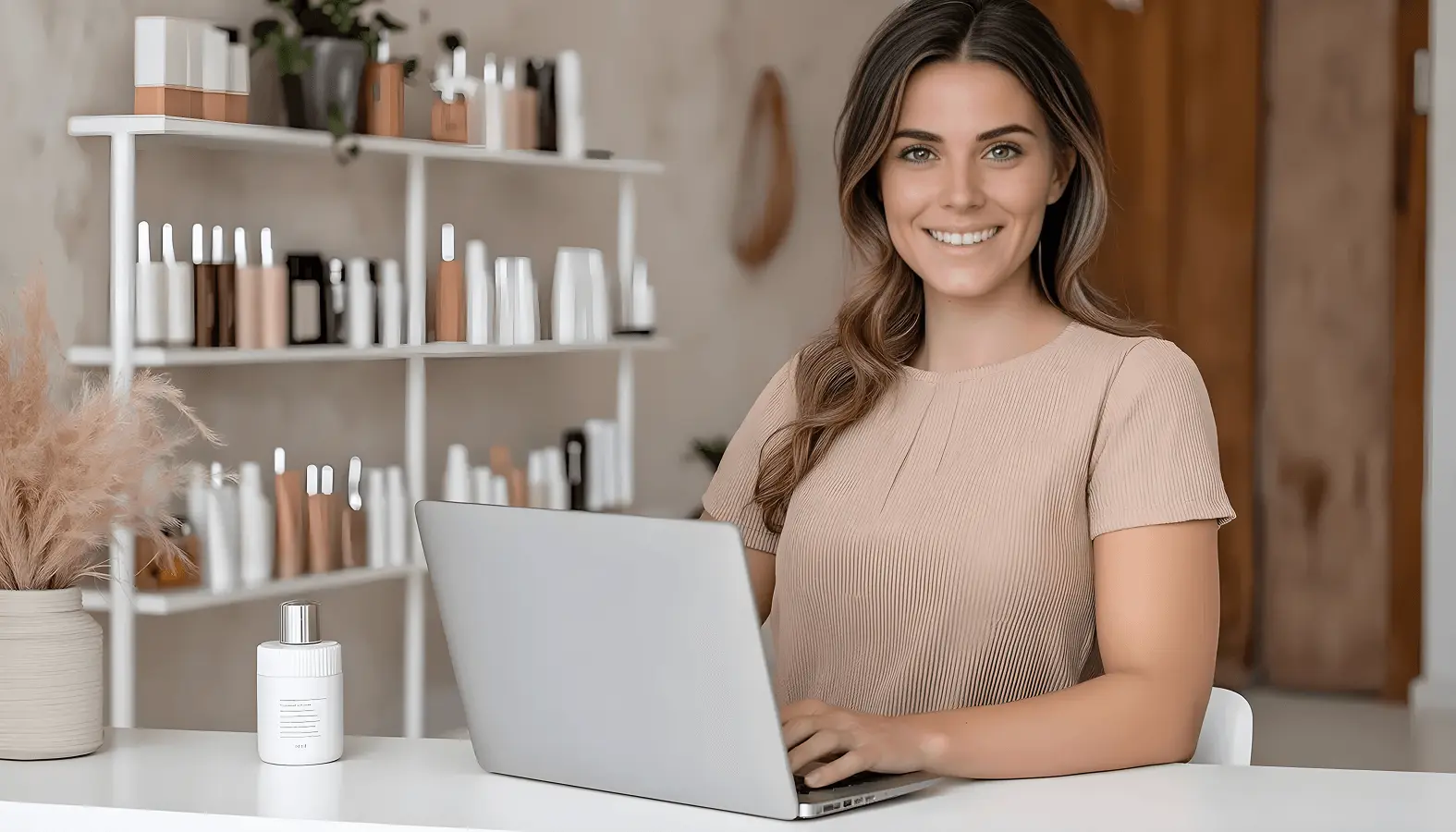 A salon owner is working on a laptop