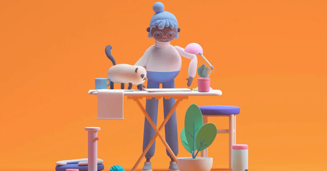 3D animated character with blue hair and a cat at an ironing board on an orange backdrop, from 'Compare, Select, Save'