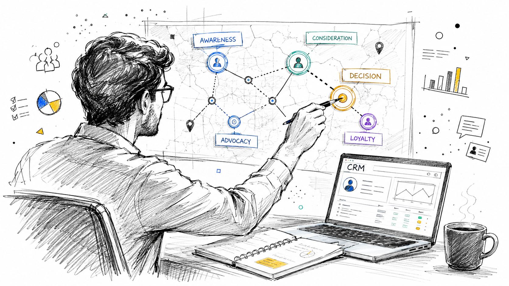 A professional analyzing a digital marketing sales funnel map while working on a laptop at their desk.