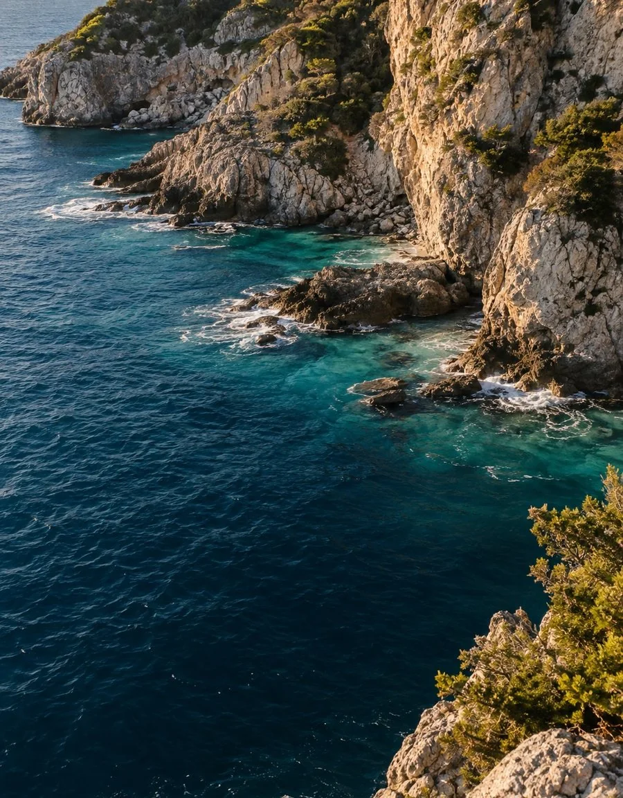 A coastline photographed from above, turquoise water against pale rock
