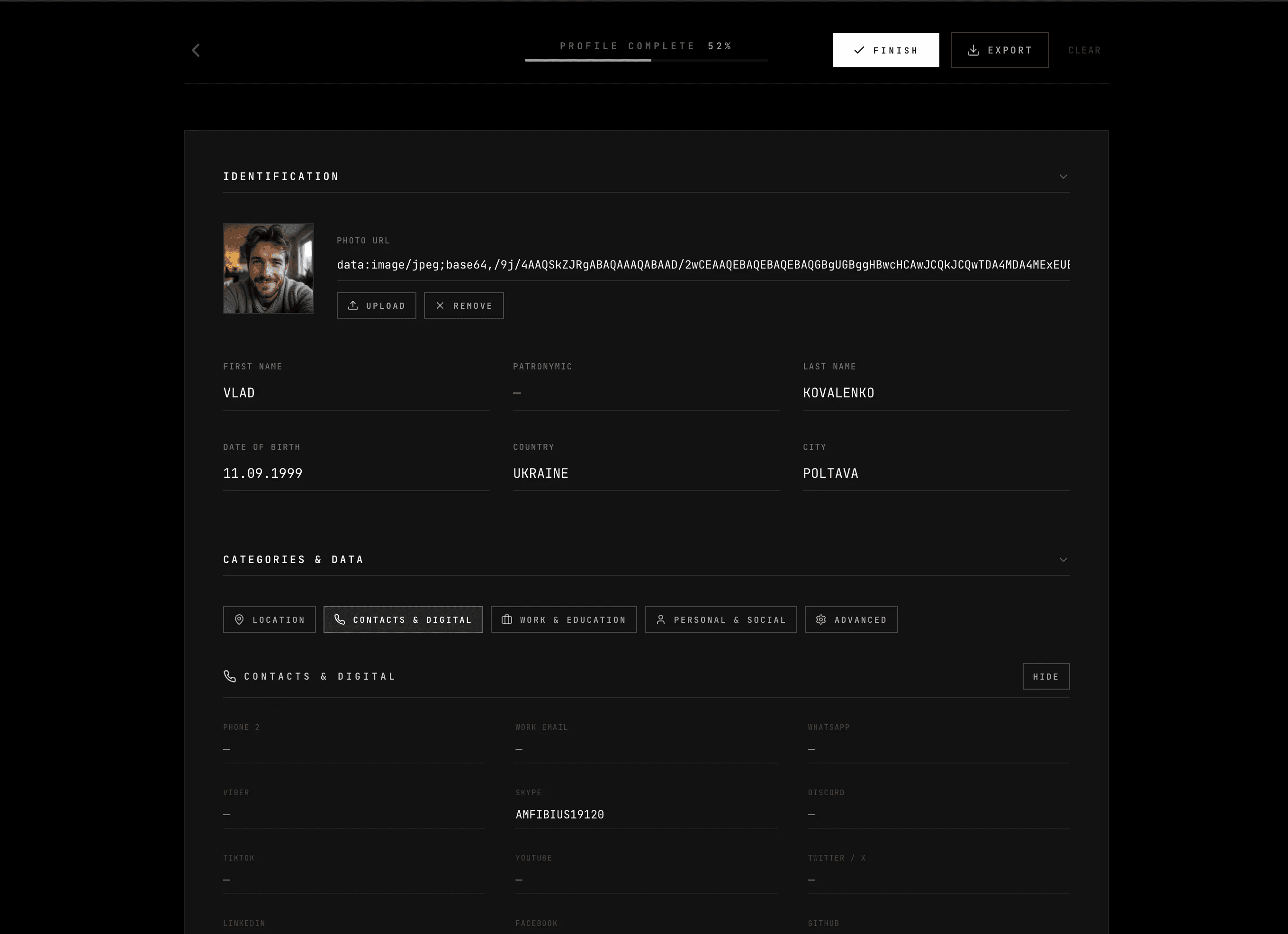 Filling out a person's profile