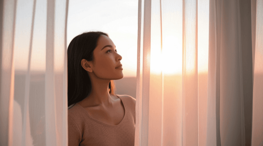 Women looking out contemplatively with the sun setting behind her and curtains in front of her