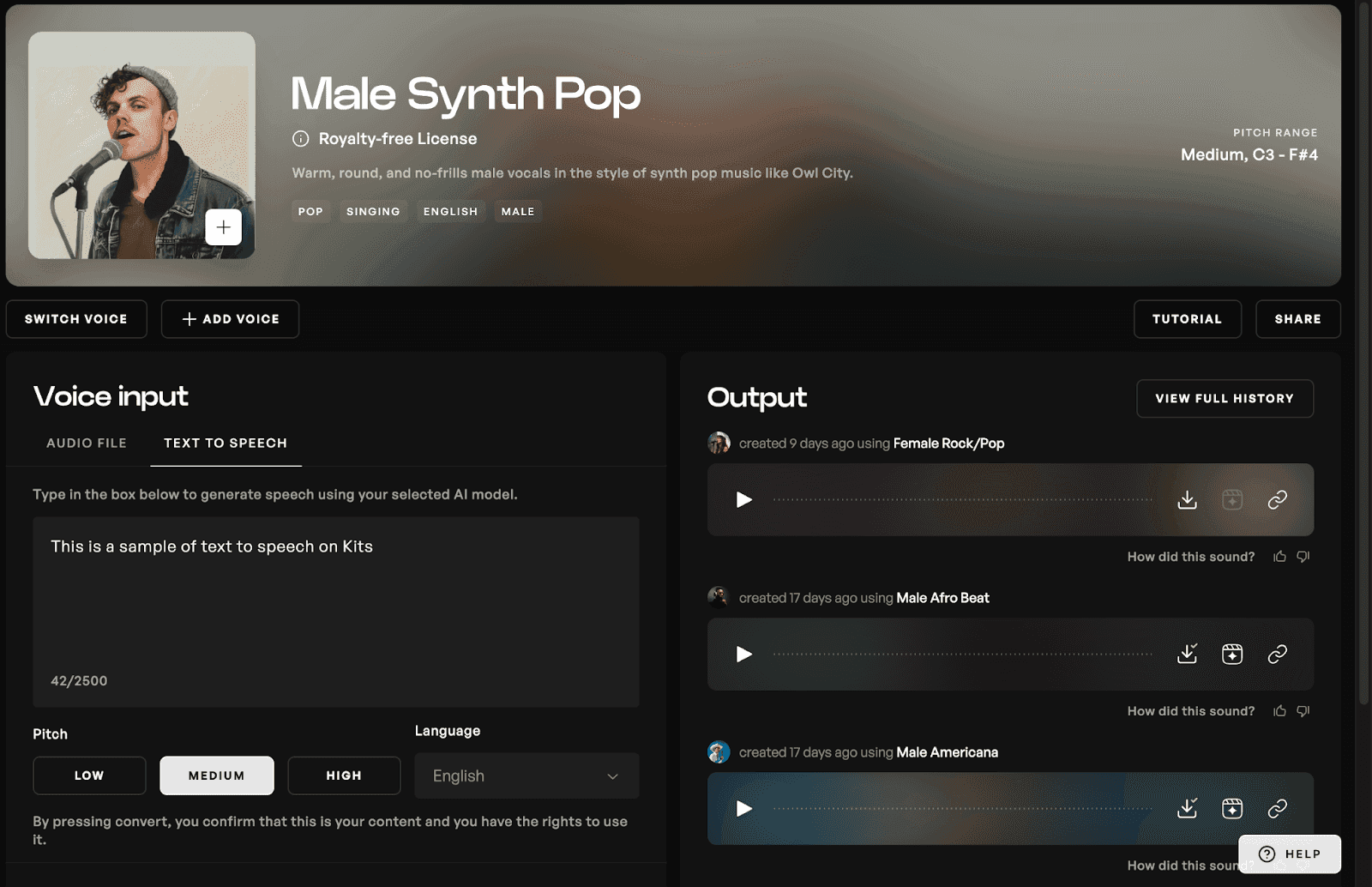 Voice conversion page with the male synth pop model selected