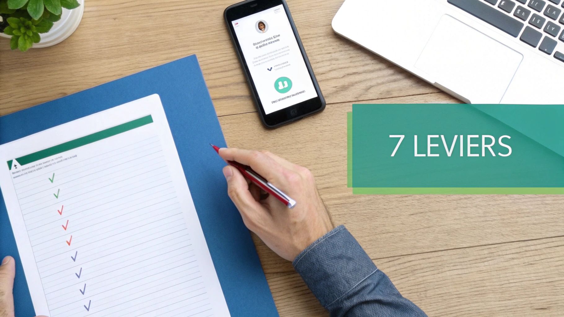 Main écrivant sur une checklist avec des cases cochées, un smartphone et un ordinateur portable sur un bureau en bois, avec le texte '7 LEVIERS'.