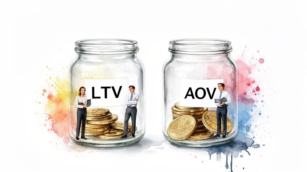 Two jars holding coins and business people, labeled LTV and AOV for business metrics.