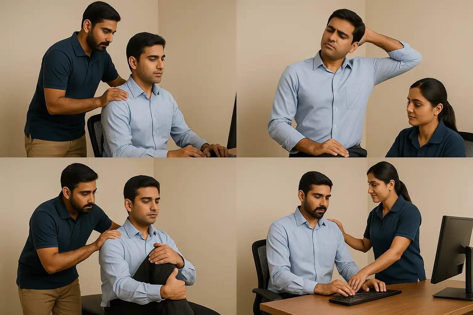 Collage of ergonomic physiotherapy sessions showing a therapist correcting a man’s sitting posture at a computer, a worker experiencing neck pain during desk work, guided stretching for lower-back tightness, and a therapist adjusting hand and wrist positioning for proper keyboard ergonomics.
