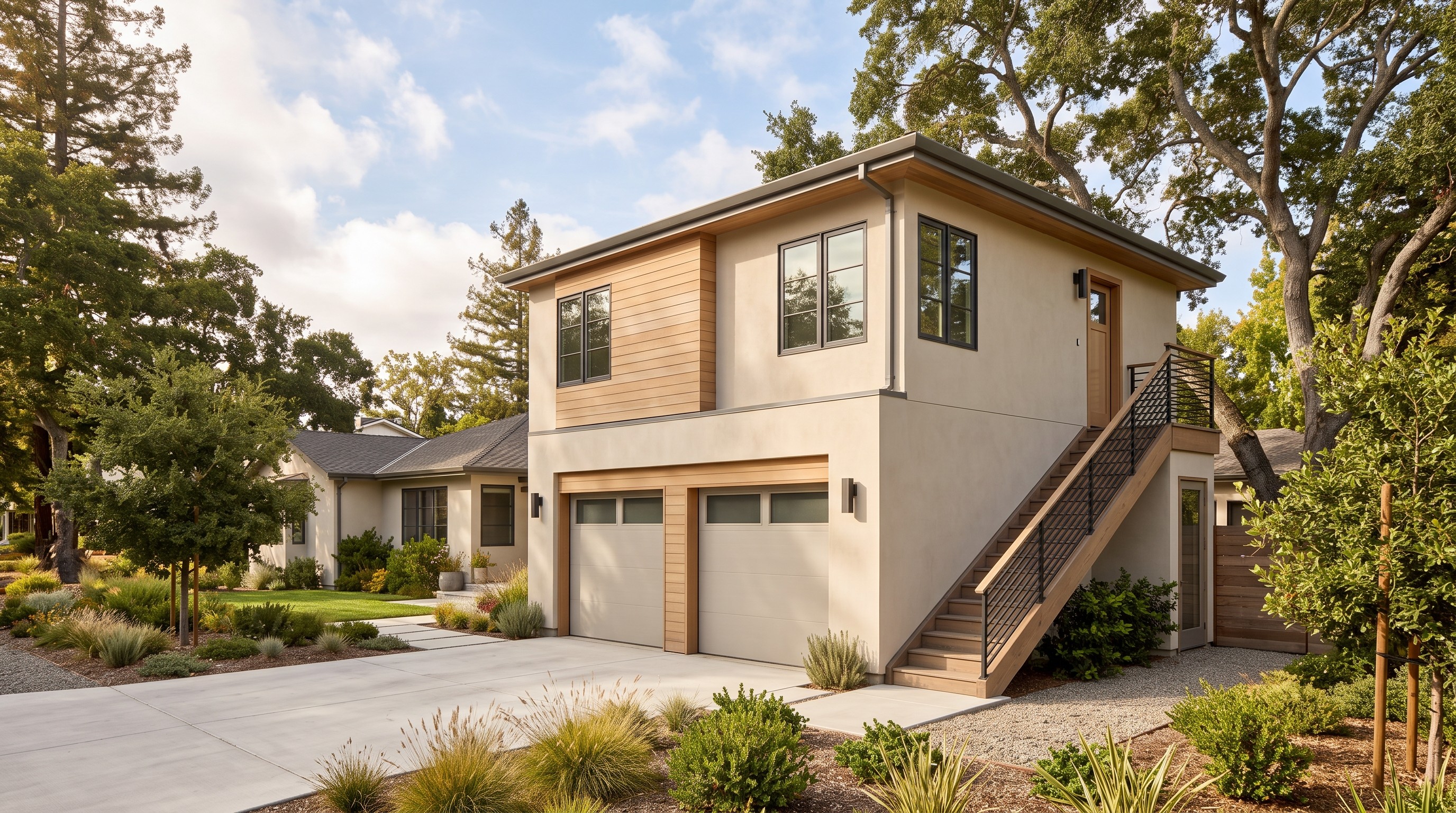 Conceptual one-story versus two-story ADU massing study.