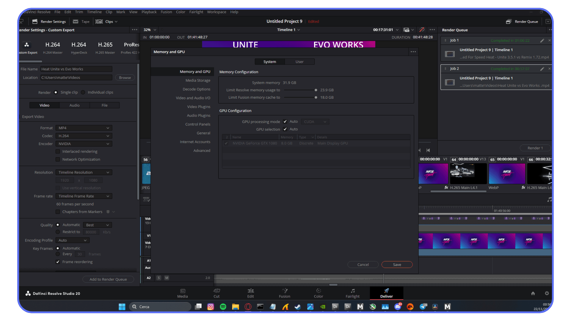 DaVinci Resolve system settings panel highlighting GPU processing mode and memory configuration options